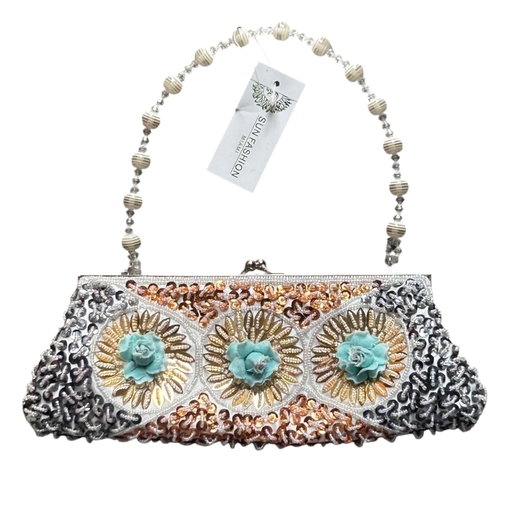 Silver and Gold Sun Fashion Miami Clutch Embellished Floral Accents Fully Beaded